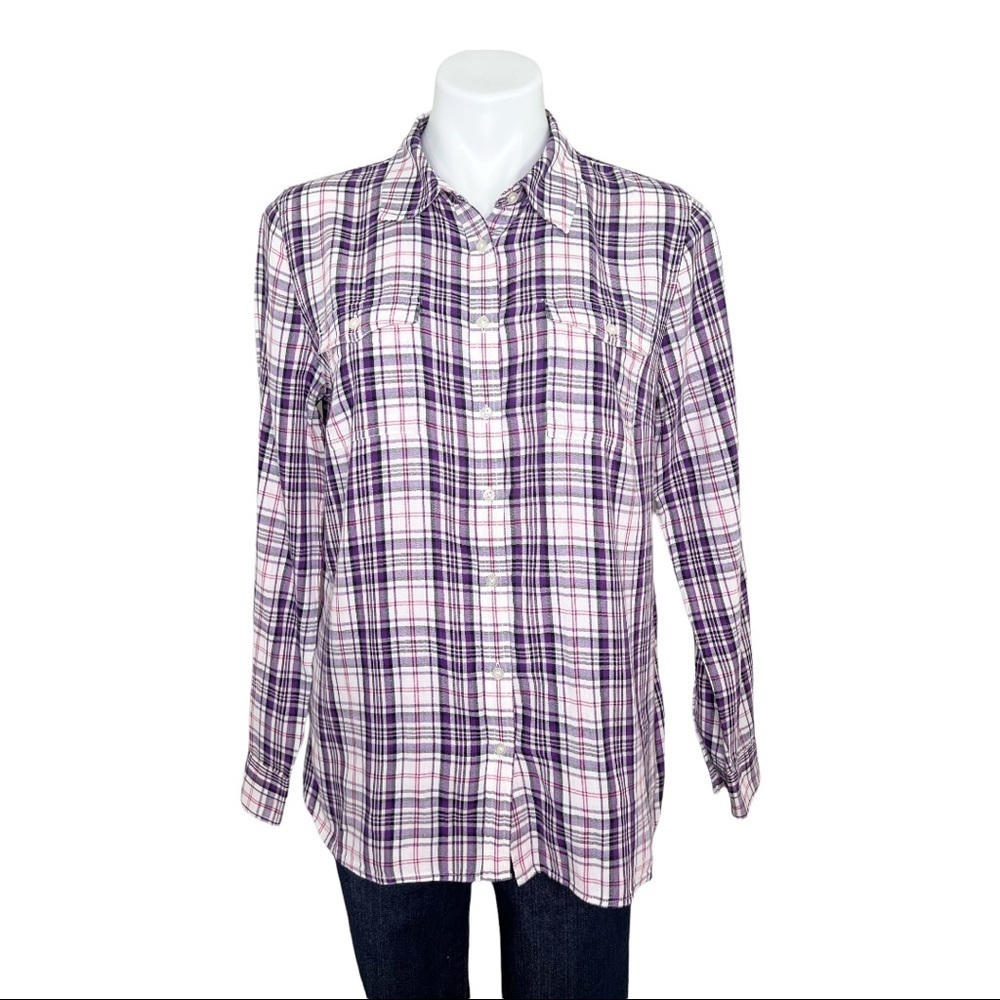 Talbots Long Sleeve Button Down Purple Plaid Shirt M